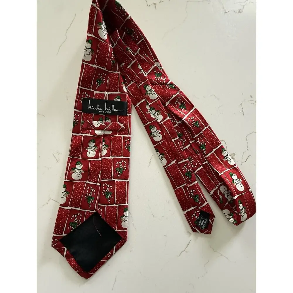 Nicole Miller New York 100% Silk Snowman Christmas Tie Holiday Whimsy Red